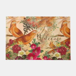 Vögel auf Zweigen Aquamarin, orange, gelb Willkomm Fußmatte