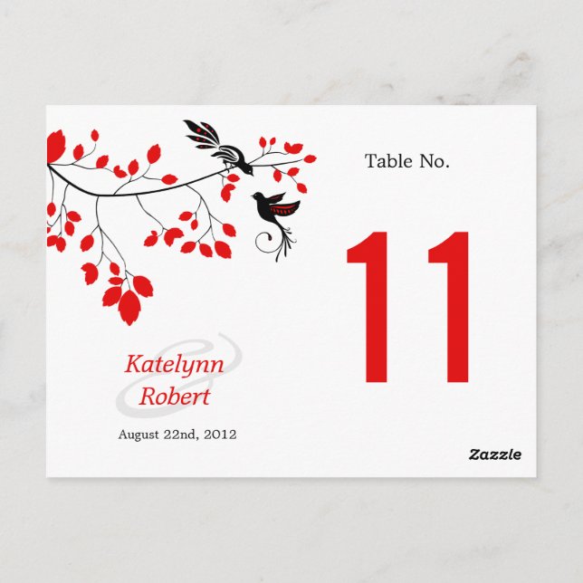 Vögel auf Zweigstellkarte Rot und Schwarz Tischnum Postkarte (Rückseite)