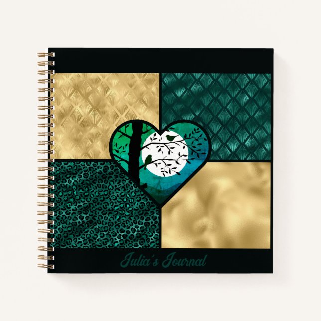 Vögel aus aquamarinem, schwarzem und goldfarbenem  notizbuch (Vorderseite)