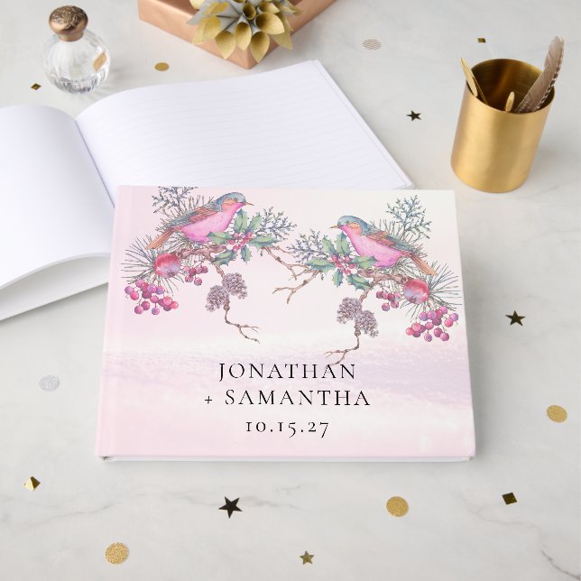 Vögel & Beeren Zapfen Aquarell Winterhochzeit Gästebuch (Vorderseite Offen)