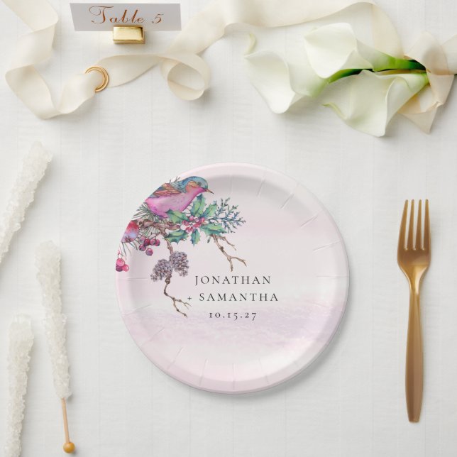 Vögel & Beeren Zapfen Aquarell Winterhochzeit Pappteller (Hochzeit)