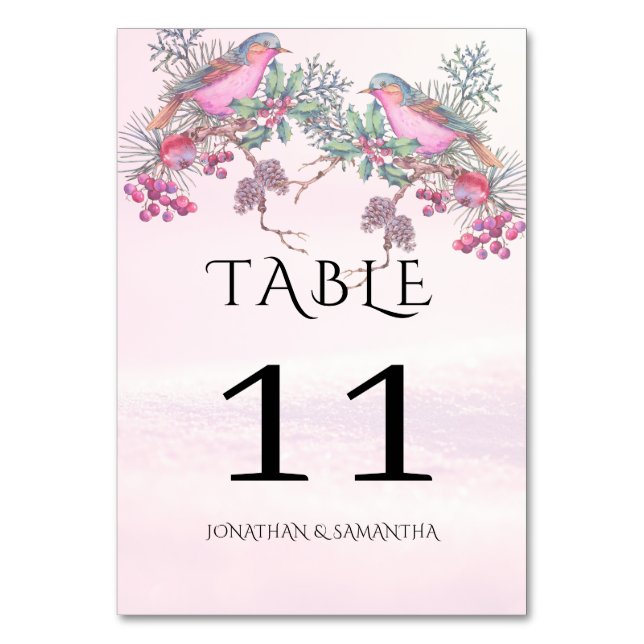 Vögel & Beeren Zapfen Aquarell Winterhochzeit Tischnummer (Rückseite)
