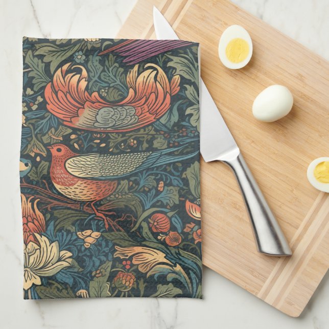Vögel Blätter Blumenvintage-William-Morris-Muster Geschirrtuch (Viertel Falte)