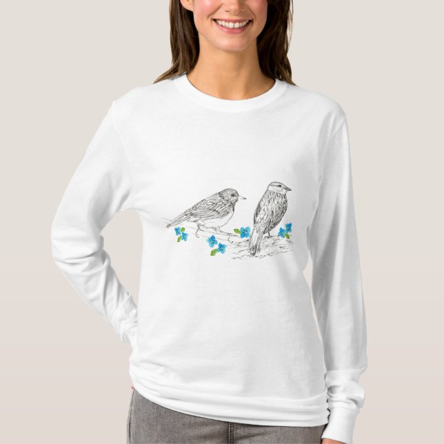 Vögel Blühende Blumen Natur Zeichnend T - Shirt (Vorderseite)