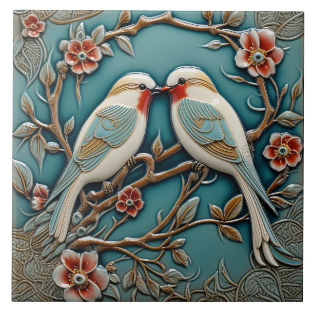 Vögel Blume Jugendstil Inspirierte Natur Print Fliese (Vorderseite)