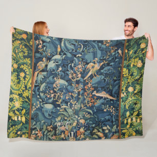 VÖGEL, BLUME UND BLÄTTER, blau Fleecedecke