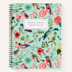 Vögel & Blumen in mintgrünem Allover-Print Notizbu Notizbuch