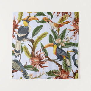 Vögel & Blumen: Tropisches Vintage-Muster. Wandteppich