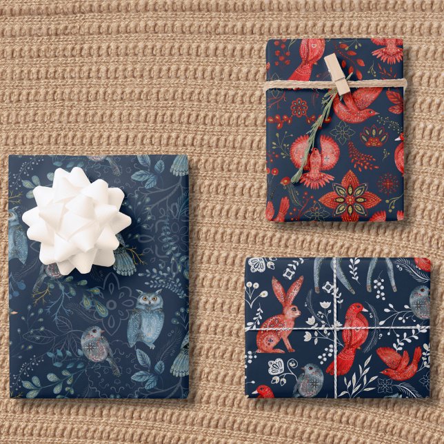 Vögel Botanische Waldtiere Blaues Muster Geschenkpapier Set (Birds Botanical Woodland Animals Blue and Red Pattern Wrapping Paper Sheets)