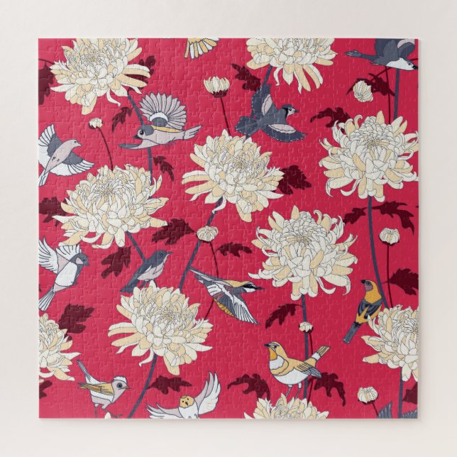 Vögel & Chrysanthemen: Vintage Blüten Puzzle (Vertikal)
