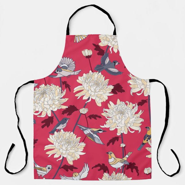 Vögel & Chrysanthemen: Vintage Blüten Schürze (Vorderseite)