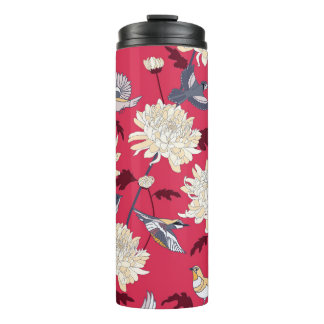 Vögel & Chrysanthemen: Vintage Blüten Thermosbecher