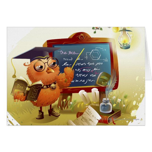 Vogel, der ein Buch hält und an einer Tafel (Vorderseite (Horizontal))