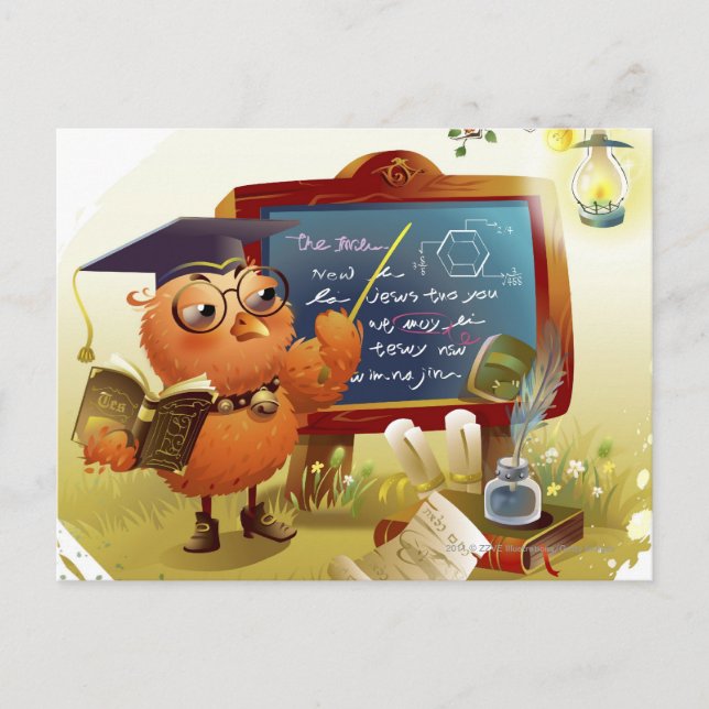 Vogel, der ein Buch hält und an einer Tafel Postkarte (Vorderseite)