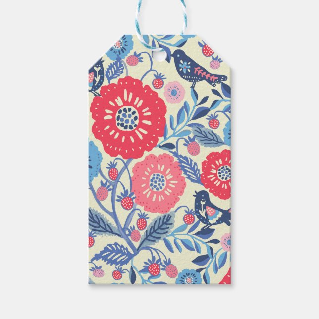 Vögel der Volkskunst, Erdbeeren und Blume drucken Geschenkanhänger (Vorderseite)