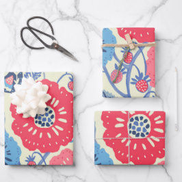 Vögel der Volkskunst, Erdbeeren und Blume drucken Geschenkpapier Set