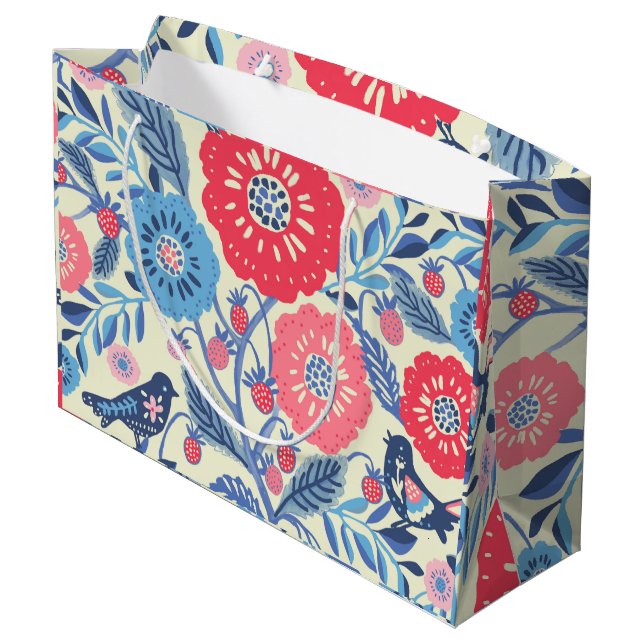 Vögel der Volkskunst, Erdbeeren und Blume drucken Große Geschenktüte (Rückseite Schrägansicht)
