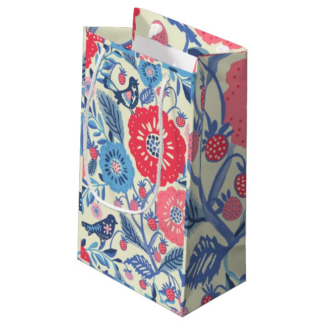 Vögel der Volkskunst, Erdbeeren und Blume drucken Kleine Geschenktüte (Rückseite Schrägansicht)