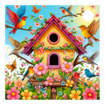 Vögel, die um ein Vogelhaus herumziehen