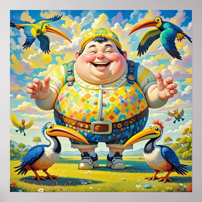 Vögel, die um einen glücklichen Mann fliegen Poster (Vorne)