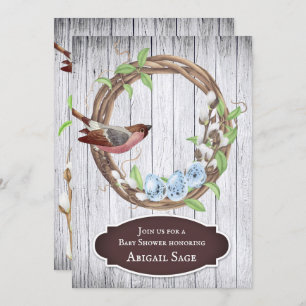 Vögel, Eier und Kranz auf der Stalldusche Einladung