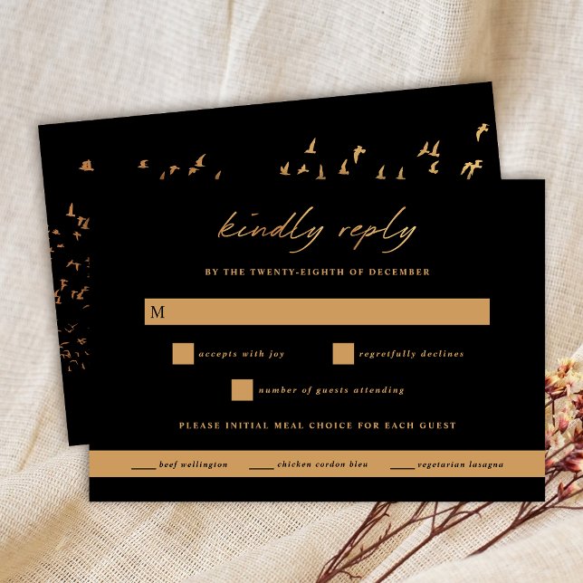 Vögel einer Feather Gold und Black Wedding RSVP Karte (Von Creator hochgeladen)