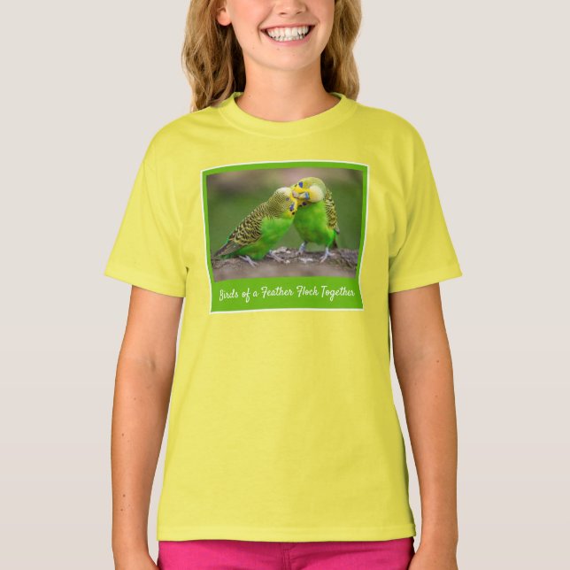 Vögel eines Feather Flock Together Budgie T-Shirt (Vorderseite)