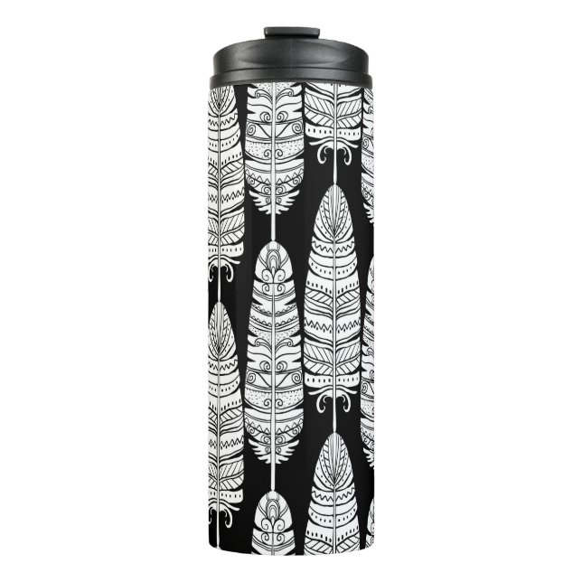 Vögel federn boho nahtlose Muster in schwarz und s Thermosbecher (Vorderseite)