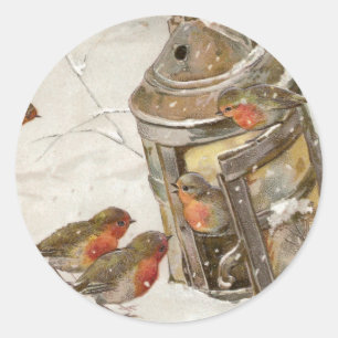 Vögel finden Schutz in Laterne Vintage-Weihnachten Runder Aufkleber