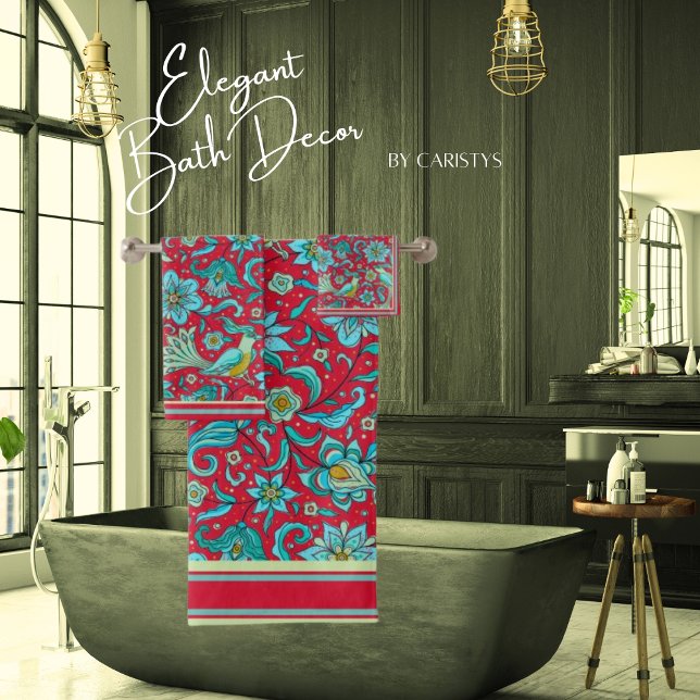 Vögel, Florale, Blues, Rot, blasses Limones Handtu Badhandtuch Set (Von Creator hochgeladen)