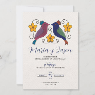 Vögel Florales Magenta Navy Blau Spanische Hochzei Einladung