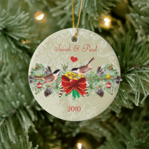 Vögel Girlande & Zapfen Weihnachts-Foto-Ornament Keramikornament