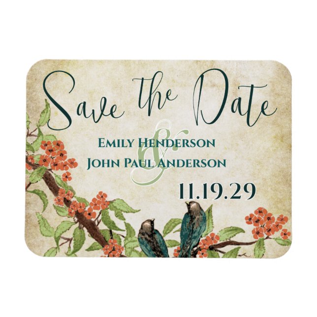 Vögel Holz Save the Date Korallenkirsche Blossom Magnet (Horizontal)