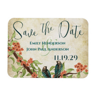 Vögel Holzmaserung Save the Date Koralle Kirschblü Magnet