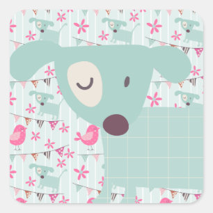 Vögel, Hunde, Banner, Blume Quadratischer Aufkleber