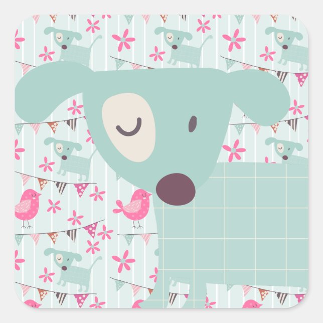 Vögel, Hunde, Banner, Blume Quadratischer Aufkleber (Vorderseite)