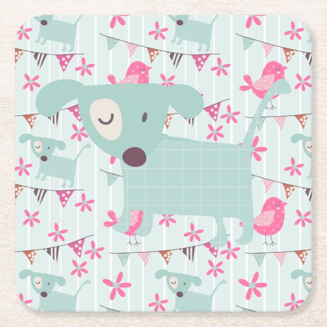 Vögel, Hunde, Banner, Blume Rechteckiger Pappuntersetzer (Vorderseite)