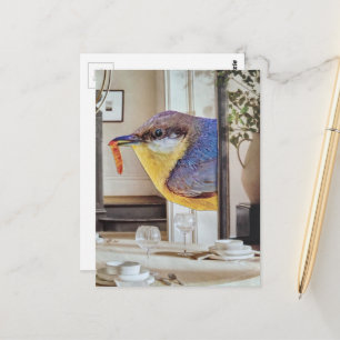 Vogel im Esszimmer surreale Collage-Kunst Postkarte