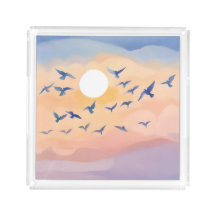 Vögel im Flug | Sonnenuntergang Natur Aquarell