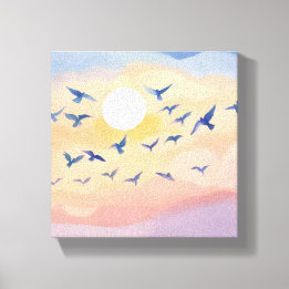 Vögel im Flug | Sonnenuntergang Natur Aquarell Leinwanddruck