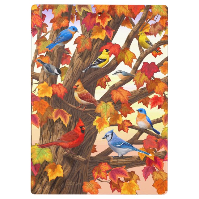 Vögel im Herbst Ahornbaum Klemmbrett (Rückseite)