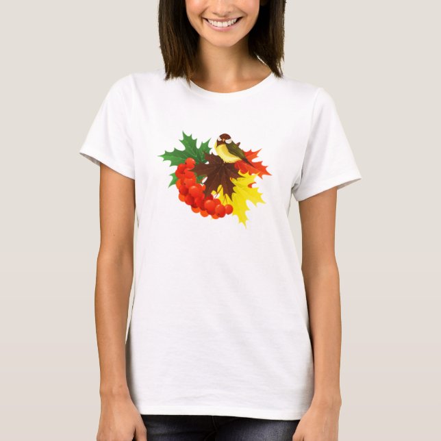 Vogel im Herbst, Blätter und Berries T-Shirt (Vorderseite)