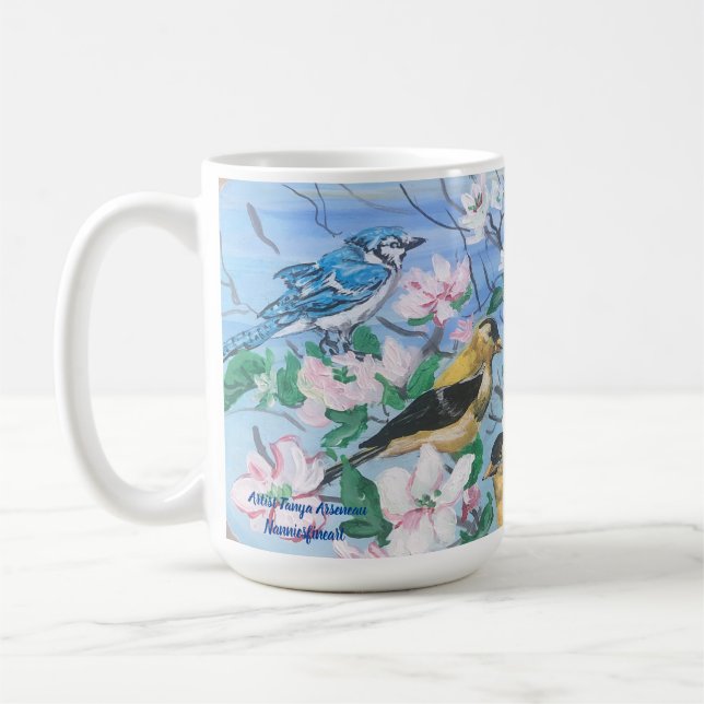 Vögel im Hinterhof Handgemalte Kunst Kaffeetasse (Links)