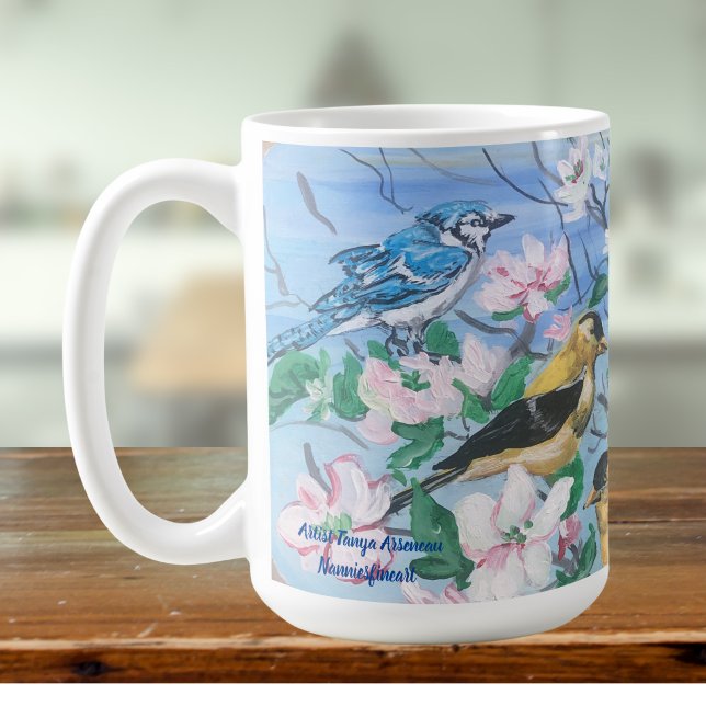 Vögel im Hinterhof Handgemalte Kunst Kaffeetasse (A bird watchers Mug)