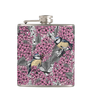 Vögel im Rosa-lila-Garten Flachmann