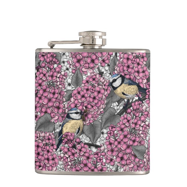 Vögel im Rosa-lila-Garten Flachmann (Vorderseite)