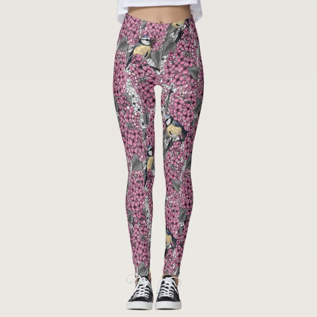 Vögel im Rosa-lila-Garten Leggings (Vorderseite)