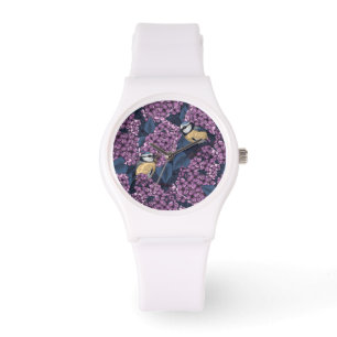 Vögel im violetten Flieder-Garten Armbanduhr