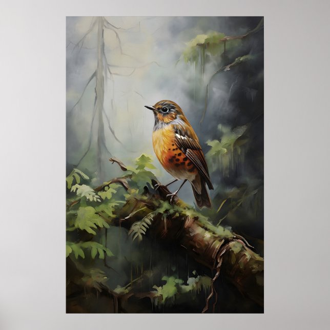 Vogel im Wald Wandbild, Vogel rustikal, Botanik Poster (Vorne)