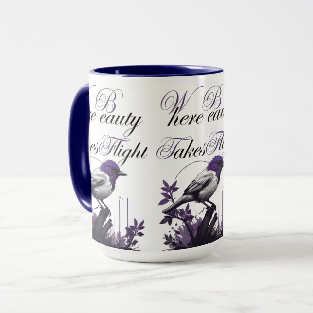 Vogel in Bloom | Lila und graue Harmonie Tasse (Vorderseite Links)